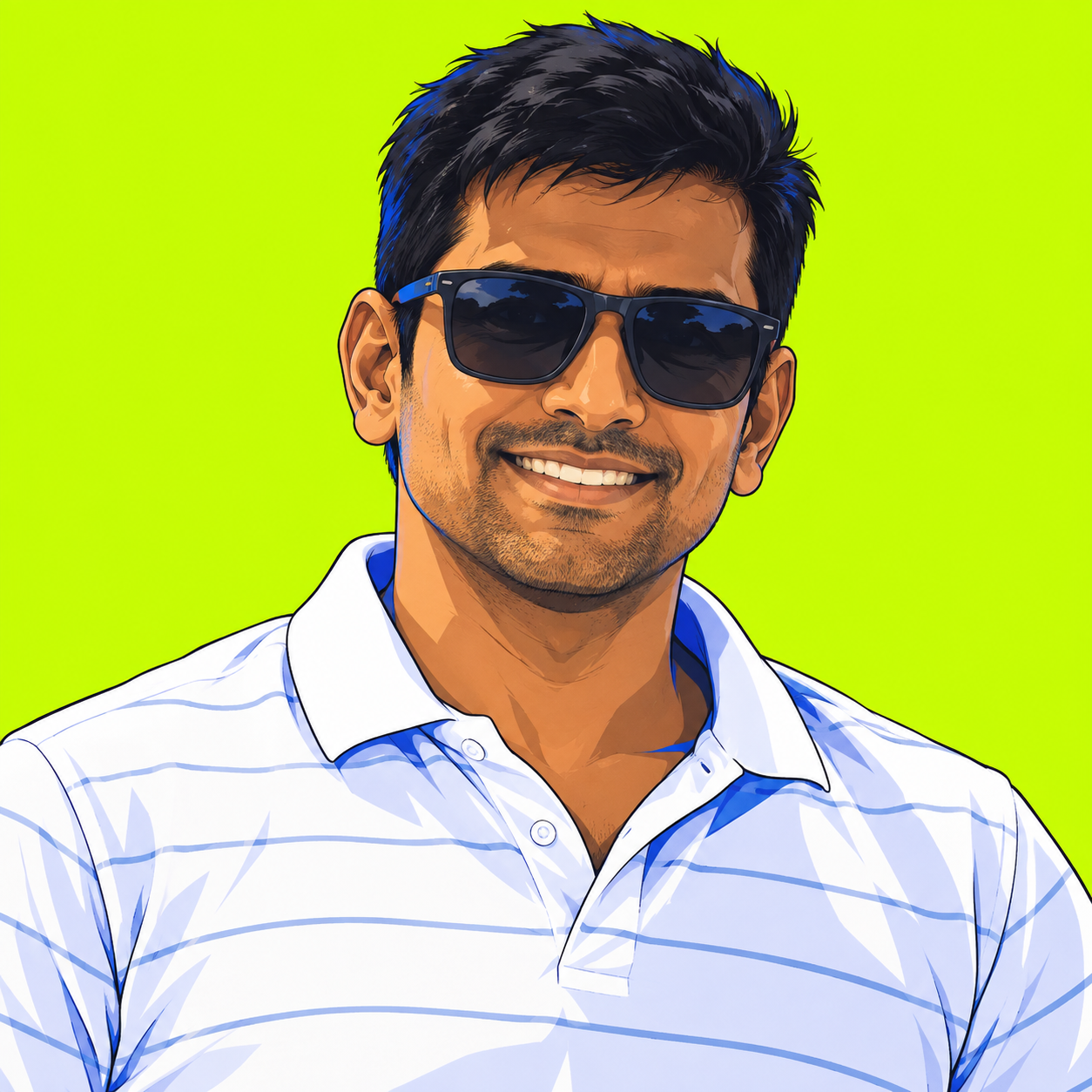 Anime portrait of Akhil Kolla, adapted from his X avatar, wearing sunglasses and a white polo